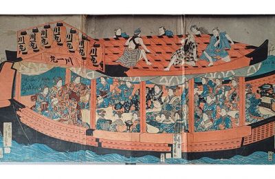 UTAGAWA Yoshikazu (19th century), Large Pleasure Boat Woodcut (mokuhanga technique), 1850-1860.